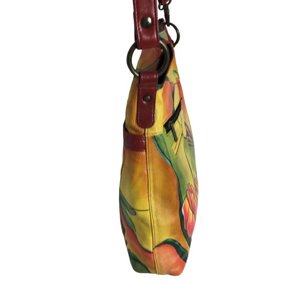 Anuschka NEVER USED Handpainted Leather Tote Shoulder Dragonfly Floral - Picture 8 of 13